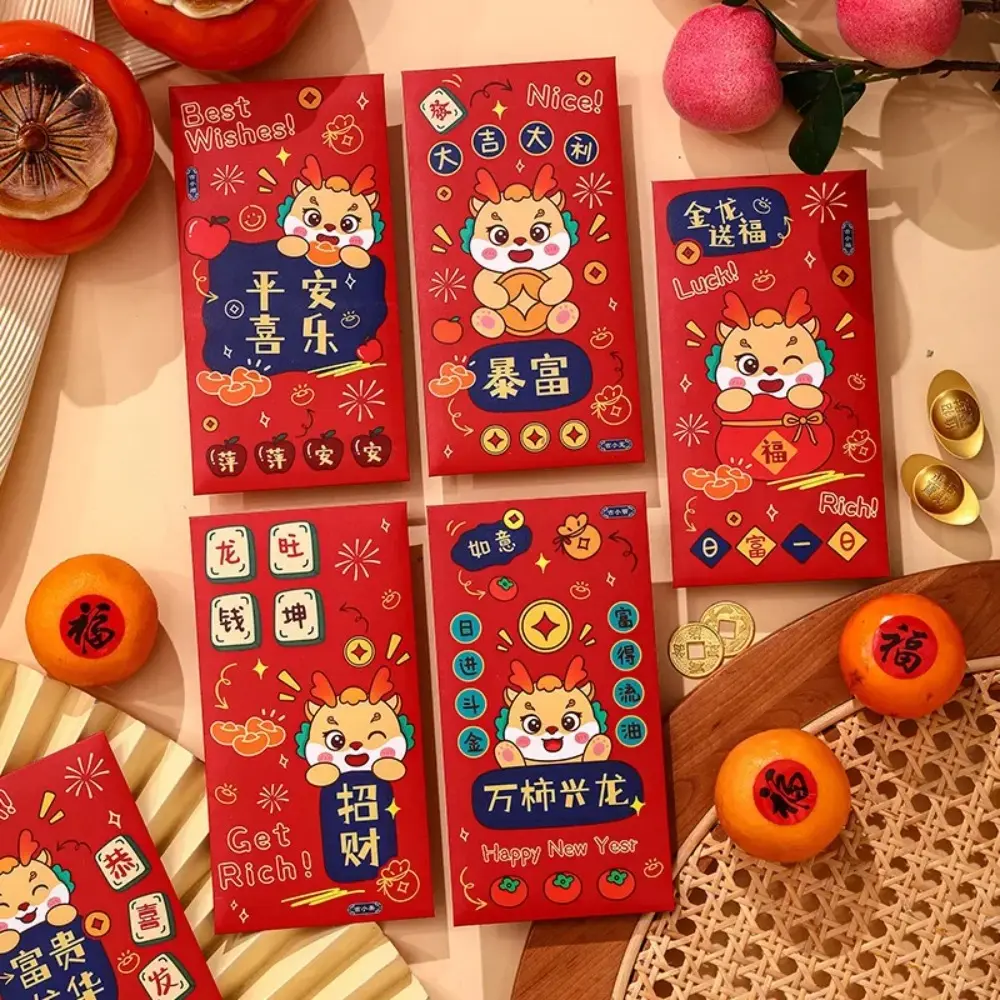6pcs Best Wishes Paper Long Red Envelopes Dragon Pattern Creative Money Bag DIY Cartoon Red Packet Birthday