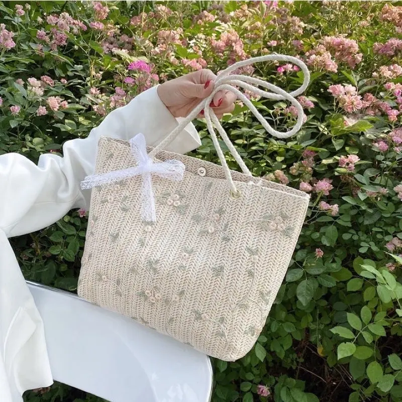 BAO034 Tas anyaman bunga renda / tas pantai tas jinjing bahu gaya Barat tas besar tas bahu tas ibu tas wanita tas fashion tas anyaman Tote Totebag Kulit