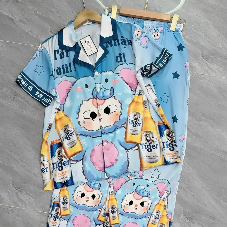PIJAMA LỤA MỊN Hoạ tiết Bia, tết tay ngắn free size từ 40-60kg