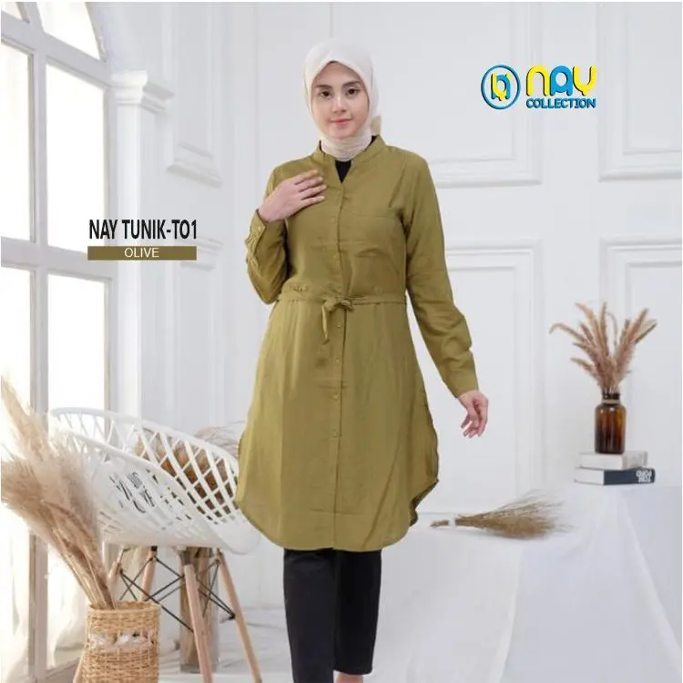 NAY TUNIK-T01 Baju Atasan Wanita Muslimah Tunik Polos Polo Linen Kancing Panjang Katun Rayon Oversize Simple Basic 3