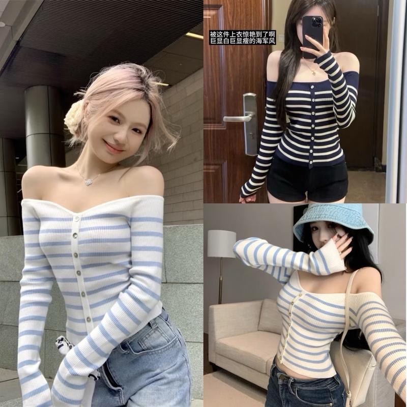 ÁO LEN KẺ TRỄ VAI CÚC KHUY DÀI TAY @IMAYBI.14 Nữ Women Nhung Voi Top mongtoghi áo len