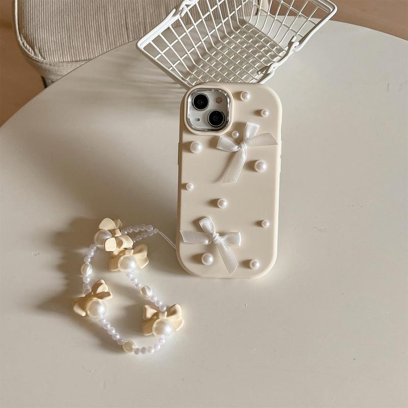 Product Introduction of Bowknot Decor Phone Case with Faux Pearl Beaded Lanyard, Cute Fashion Phone Protective Case, Full Coverage Shockproof Phone Cover Compatible with iPhone 15 14 13 ProMax 12