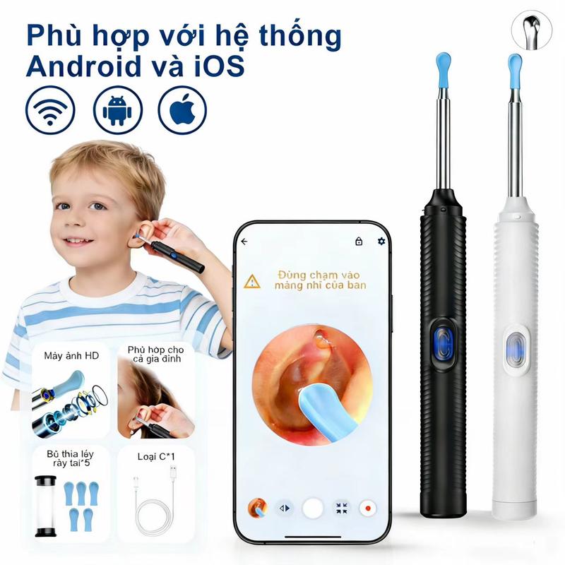DỤNG CỤ NGOÁY TAI CAMERA 1080P THẾ HỆ MỚI THAY THẾ RỬA TAI BỌT QUÉT SẠCH RÁY TAI CỤC PHÊ NHÌN RÕ 100% TẶNG 5 ĐẦU BH 12 THÁN TƯƠNG THÍCH VỚI iOS VÀ ANDROID