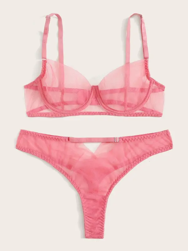 Women's Solid Color Underwire Bra & Panty Two-piece Set, Sexy Comfy Breathable Tulle Lingerie Set, Women's Underwear Set for All Seasons 2