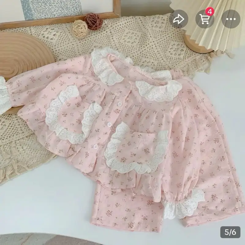 Bộ thô lụa dài tay phối ren xinh xắn cho bé (AH198) - (6-65kg), chất liệu mềm mát, phong cách tiểu thư - 1