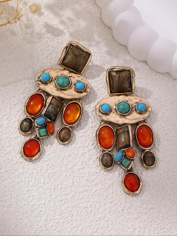 Vintage Ethnic Style Colorful Earrings & Pendant Necklace, Rhinestone Turquoise Texture Decor Jewelry Set for Party, Daily Clothing Decor, Trendy All-match & Exquisite Jewelry for Gift 3