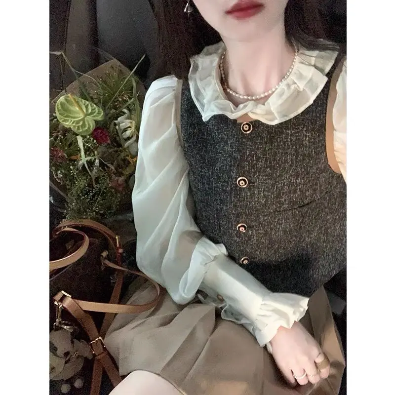 Bộ Đồ Thời Trang Đường Phố Phong Cách Cổ Điển Không Ngực, Phong Cách Hàn Quốc, Váy Băng Quấn Áo Sơ Mi Dài Tay, Váy Xếp Ly, Bộ Đồ Ba Mảnh Mùa Thu, Thích Hợp Cho Năm 2025