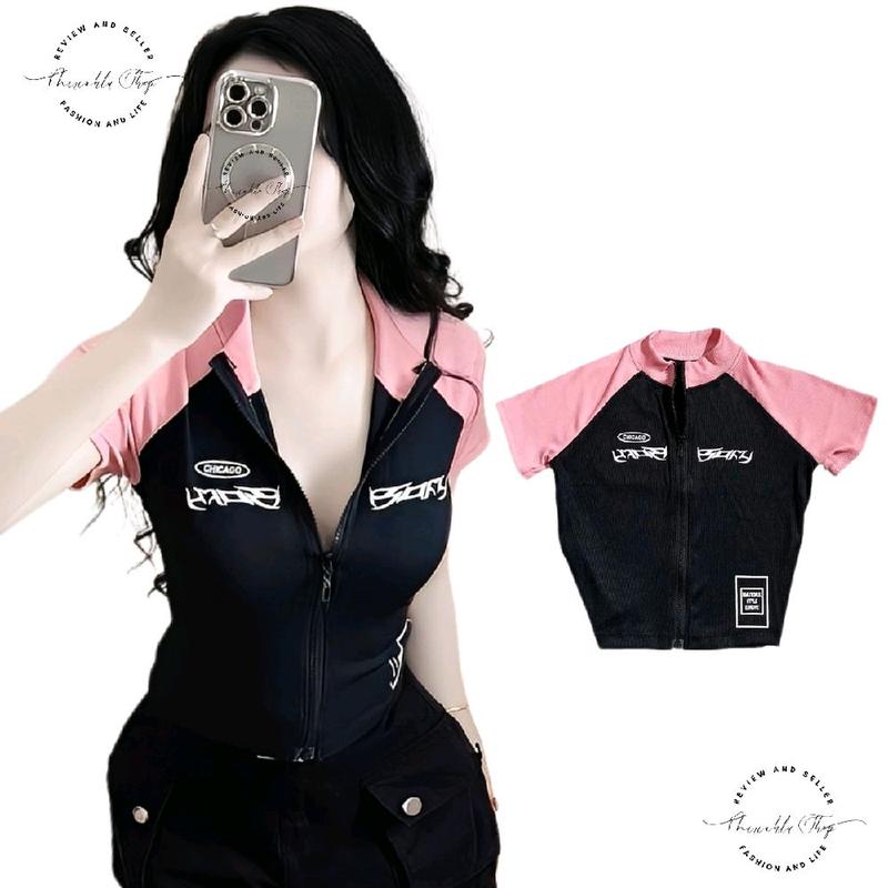 Áo Thun Croptop Cổ Trụ Khoá Dây Kéo Phối Tay Raglan In Chữ Chicago Foxy Chất Thun Gân Form Ôm Body Nữ Women Cổ Tròn Dáng Ngắn