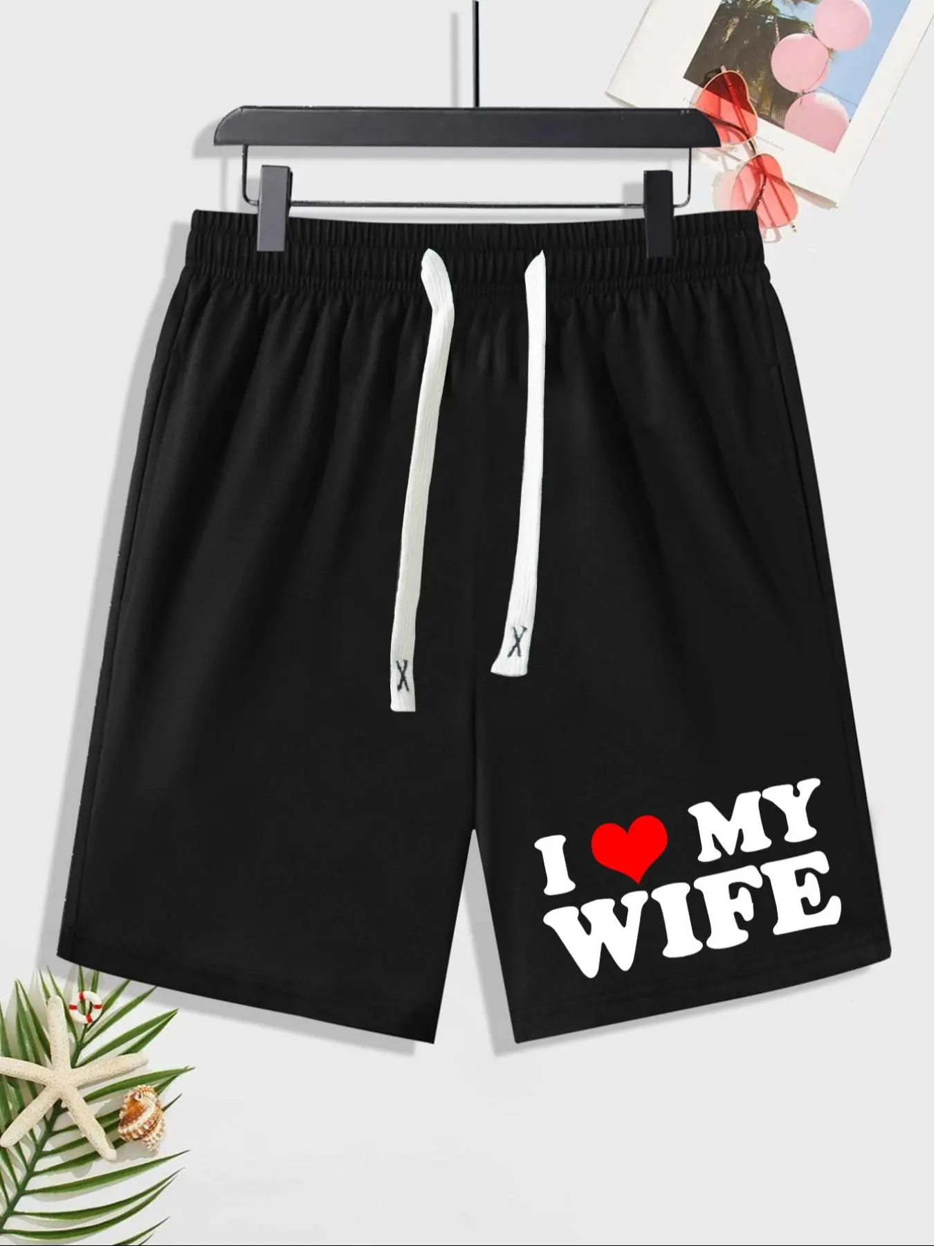Men's Summer Clothes, Regular Fit "I Love My Wife" Print Drawstring Waist Shorts, Casual Comfy Breathable Shorts for Daily Outdoor Wear, Men's Bottoms for Summer, Menswear