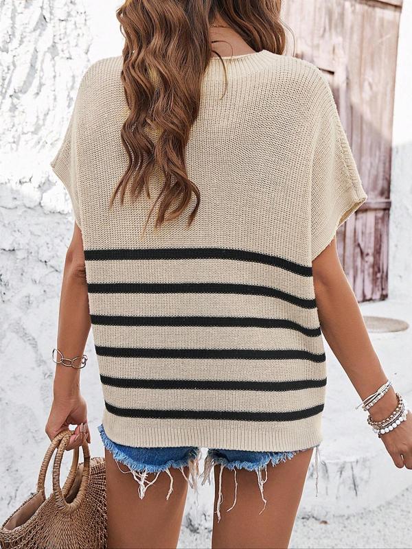 Women's Striped Print Pocket Batwing Sleeve Knit Top, Casual Short Sleeve Round Neck Knitwear, Fashion Ladies' Knit Clothing for Summer Daily Wear 2