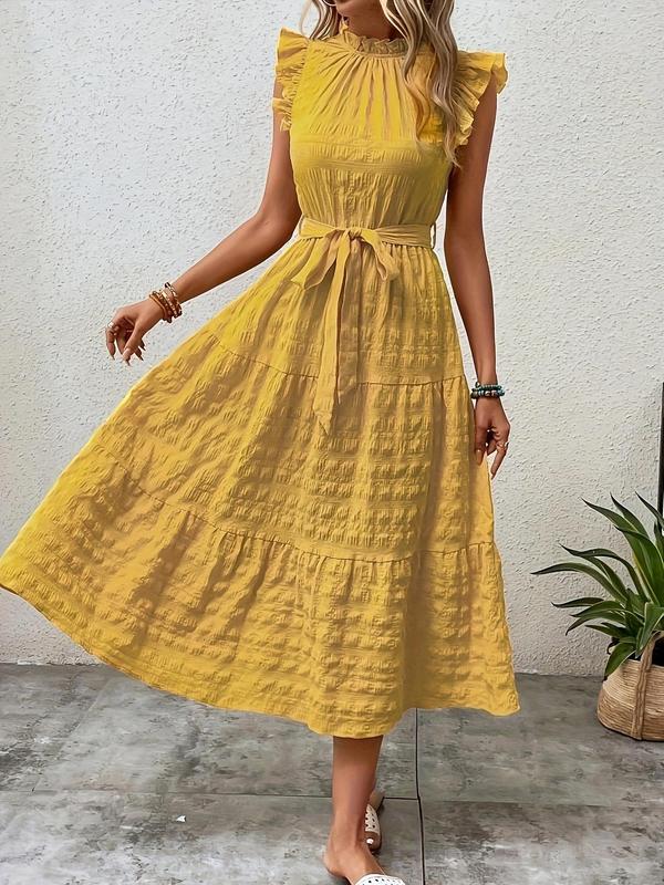 Plain Belted Ruffle Hem Frill Trim Keyhole Neckline Butterfly Sleeve Dress, Boho Cap Sleeve A Line Long Dress for Beach Holiday Vacation, Ladies Summer Clothes 2