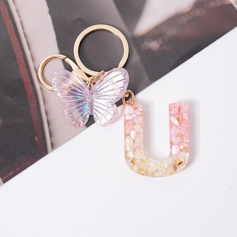 Product Introduction of [QQQ]Pink Dream Butterfly 26 Letters A To Z Resin Keychain 26 Initials White Stone  Leaf Pendant Keyring Backpack Charm Bag Decor 33