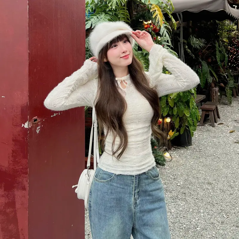 Áo len nữ RedShop tay loe đính nơ chất liệu lông thỏ mềm mịn co giãn CÓ LÓT - TOP Women 306002 Kem 2