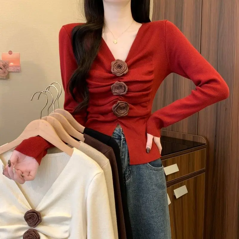 Áo Len Thiết Kế Nhẹ Nhàng, Hoa Ba Chiều Cổ Chữ V, Xếp Ly Bottoming, Dành Cho Phụ Nữ, Đầu Mùa Thu, Thanh Lịch Và Sang Trọng, Áo Dài Tay