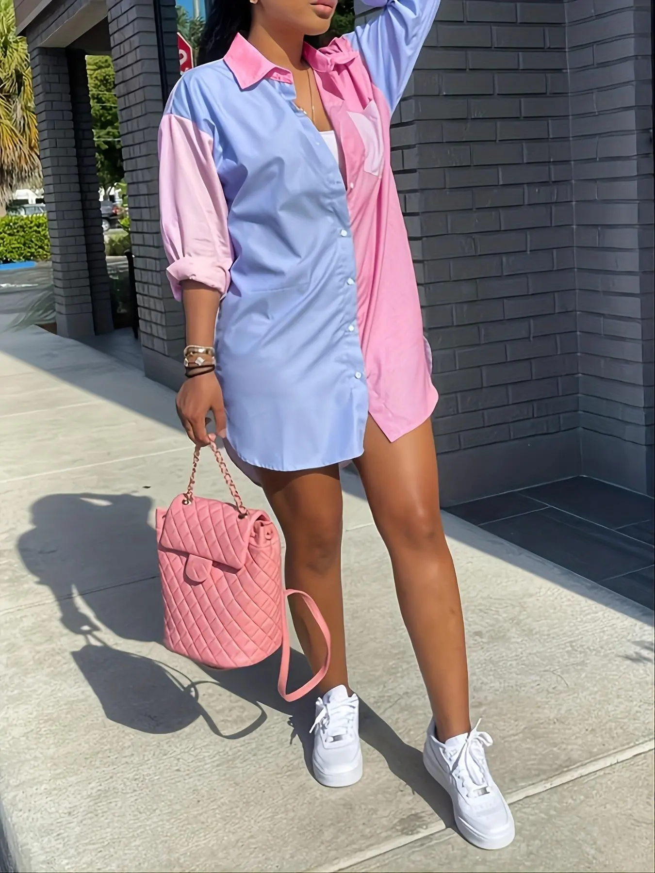 Women's Colorblock Pocket Button Front Blouse, Casual Long Sleeve Collared Button Up Shirt For Spring & Fall, Women's Clothes For Daily Wear