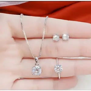Cod Set Xuping Dewasa Silver Kalung Free Liontin | Cincin dan Anting Mata Satu - Set Perhiasan Wanita Dewasa - Set Xuping - set anti luntur tahan lama