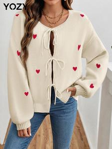 YOZY Women's Heart Print Tie Front Drop Shoulder Sweater, Casual Long Sleeve Round Neck Jumper for Fall & Winter, Fashion Ladies' Knitwear for Daily Wear