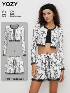 YOZY Women's Floral Print Contrast Lace Tie Front Top & Shorts Two-piece Set, Long Sleeve Round Neck Top & Shorts Set, Women's Clothing for All Seasons