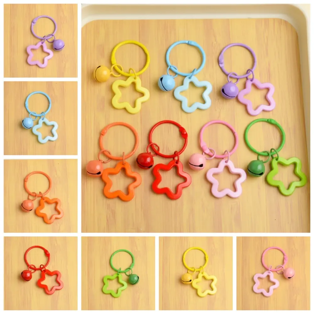 Kawaii Metal Keyrings Cute Five-pointed Star Pendant Colorful Resin Open Ring Buckle Five-pointed Star Bell Pendant Colored Keychain Jewelry Elegant Macarone Bag Keyring Earphone Pendant
