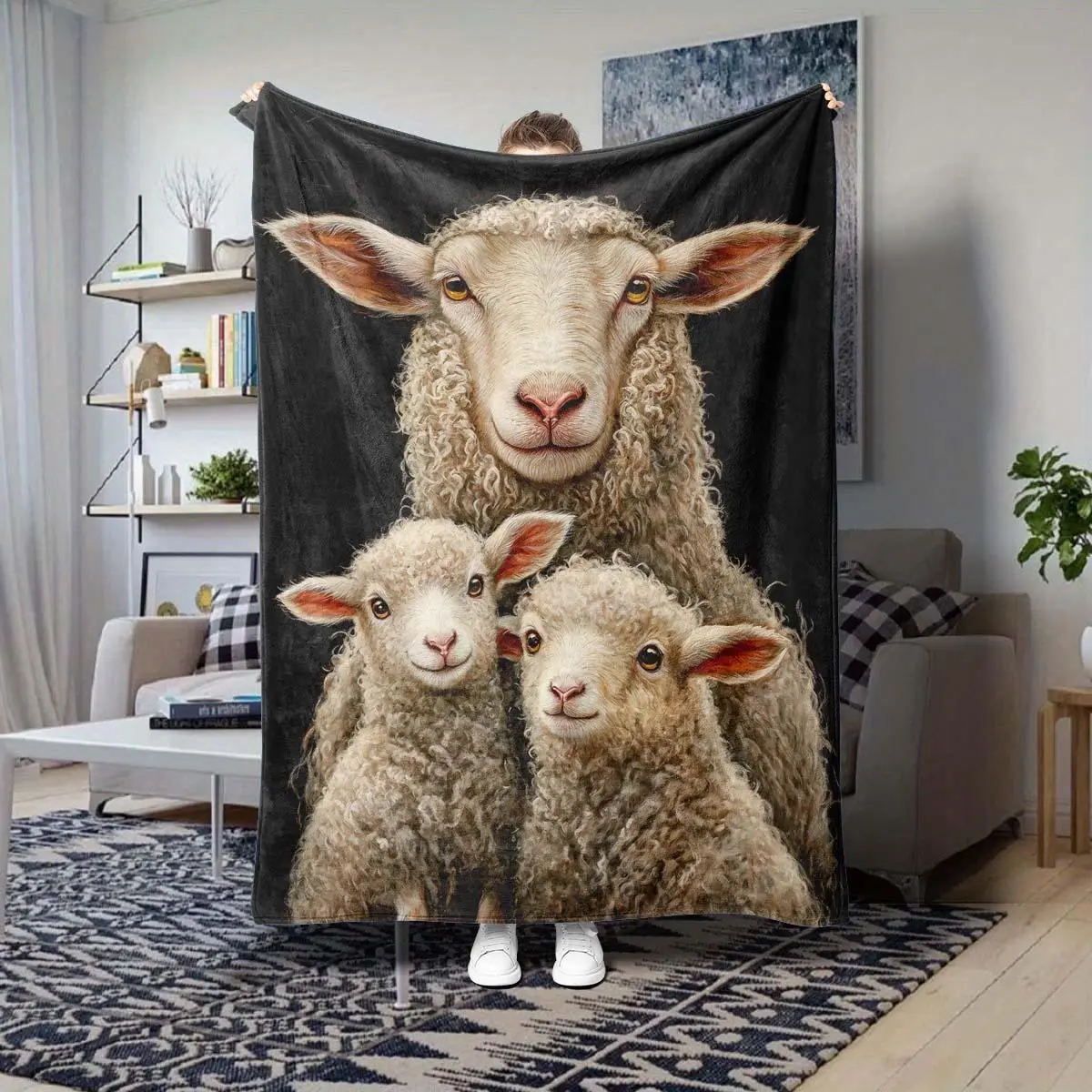 Sheep Family Pattern Blanket, 1 Count Lovely Soft Warm Nap Throw Blanket, Air-conditioned Room Blanket for Home Office Travel Camping Dormitory