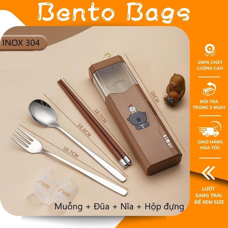 Set muỗng nĩa INOX 304 cute, bộ thìa dĩa đũa có nắp đậy kín cao cấp dễ thương ĐẸP mang đi làm văn phòng BENTO BAGS TM17