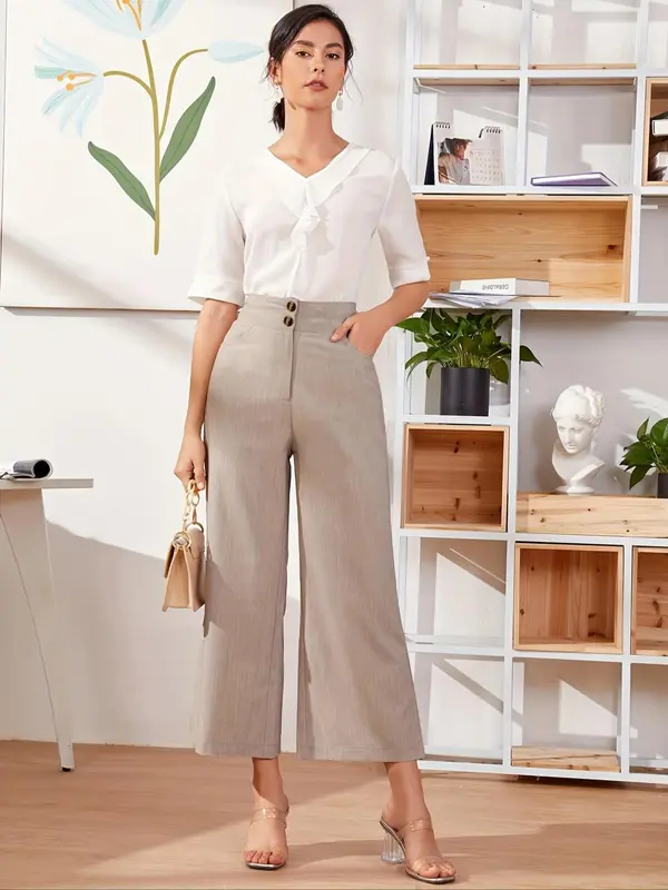 Women's Plain Pocket Button Straight Leg Cropped Pants, Elegant High Waist Wide Leg Trousers for Work Office Business, Ladies Bottoms for All Seasons 4