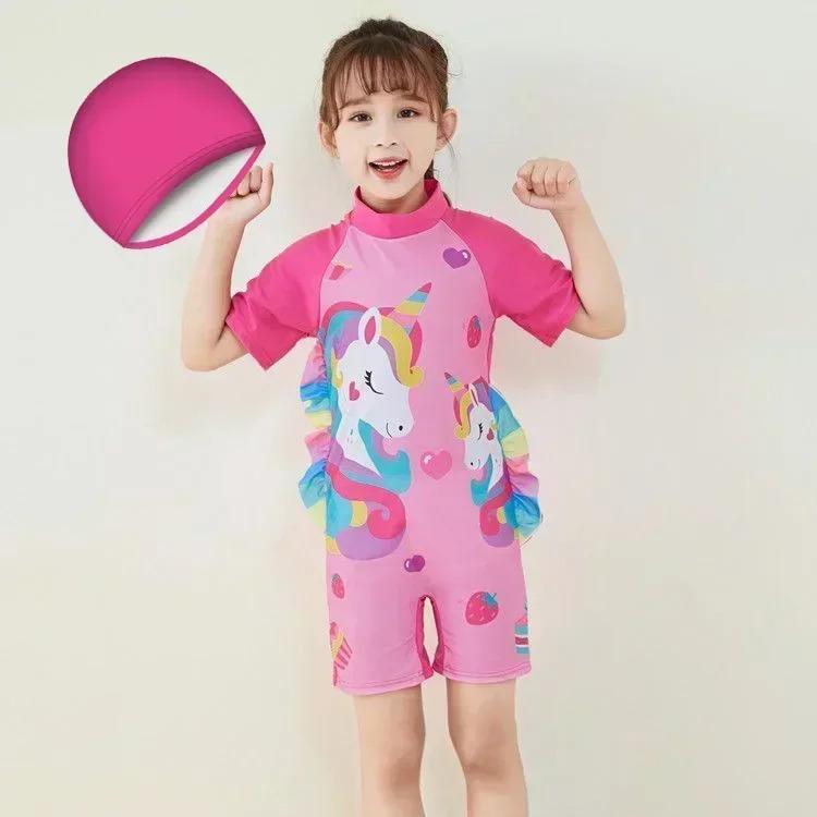 Product Introduction of Conservative Swimsuit 2024 One-piece Girl's Short-sleeved Shorts Swimsuit Cartoon Cute Children's Swimsuit Baby Girl 12