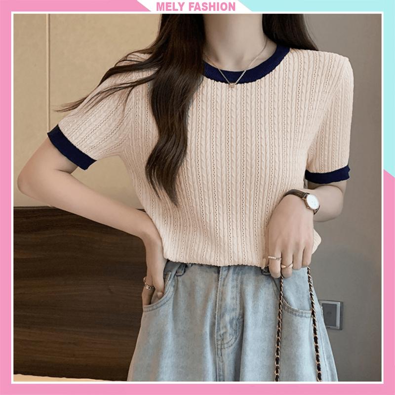 Áo len montoghi nữ cộc tay cổ tròn phong cách Hàn quốc hàng Quảng châu dệt kim lưới mỏng thoáng mát thấm hút mồ hôi AL31