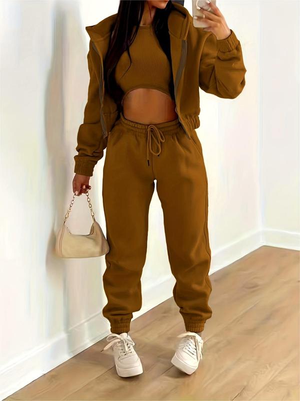 Women's Solid Pants Set, Casual Round Neck Crop Top & Drawstring Waist Pants & Zipper Hoodie, 2 Piece Sets Women, Co Ords for Women, Spring & Fall Outfits, Co-ords Set, Please Purchase A Size Up, Pink Two Piece Set Rave 0
