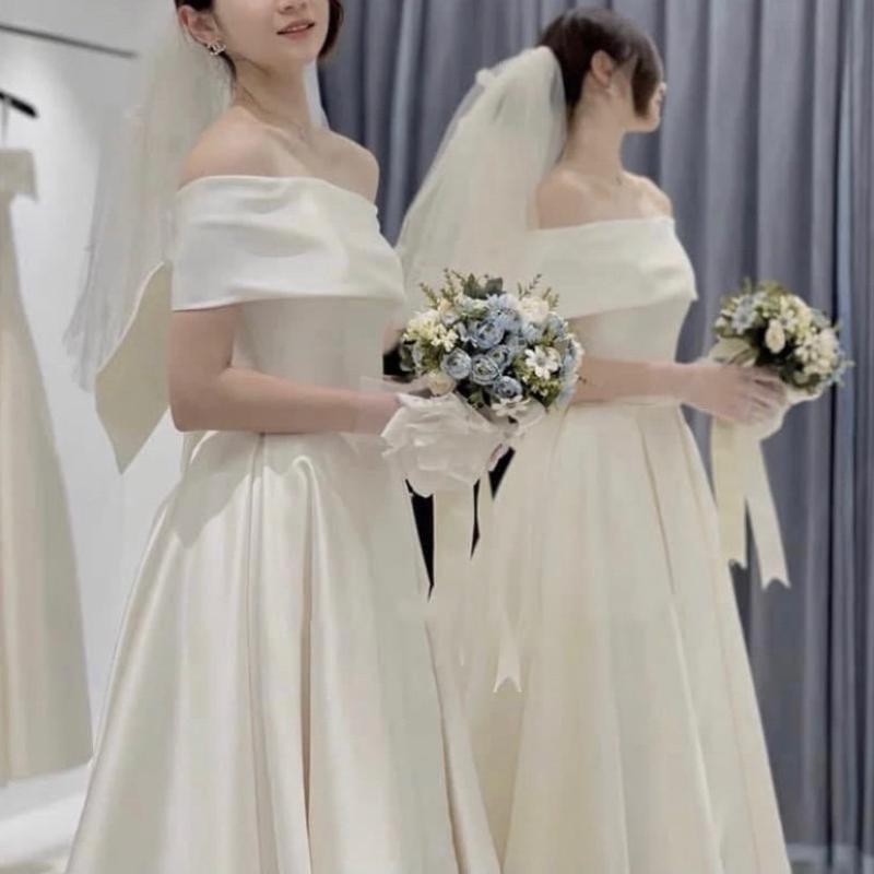 Váy cưới trắng trễ vai tiểu thư mặc 3 kiểu nàng dâu mặc đi bàn trong sáng nhẹ nhàng Minahan