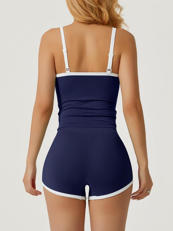 Women's Contrast Binding Cami Top & High Waist Shorts Loungewear Two-piece Set, Casual Comfy Cami Top & Shorts Pj Set, Ladies Summer Sleepwear 5