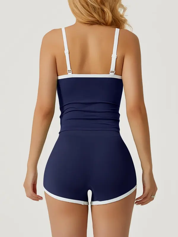 Women's Contrast Binding Cami Top & High Waist Shorts Loungewear Two-piece Set, Casual Comfy Cami Top & Shorts Pj Set, Ladies Summer Sleepwear 6