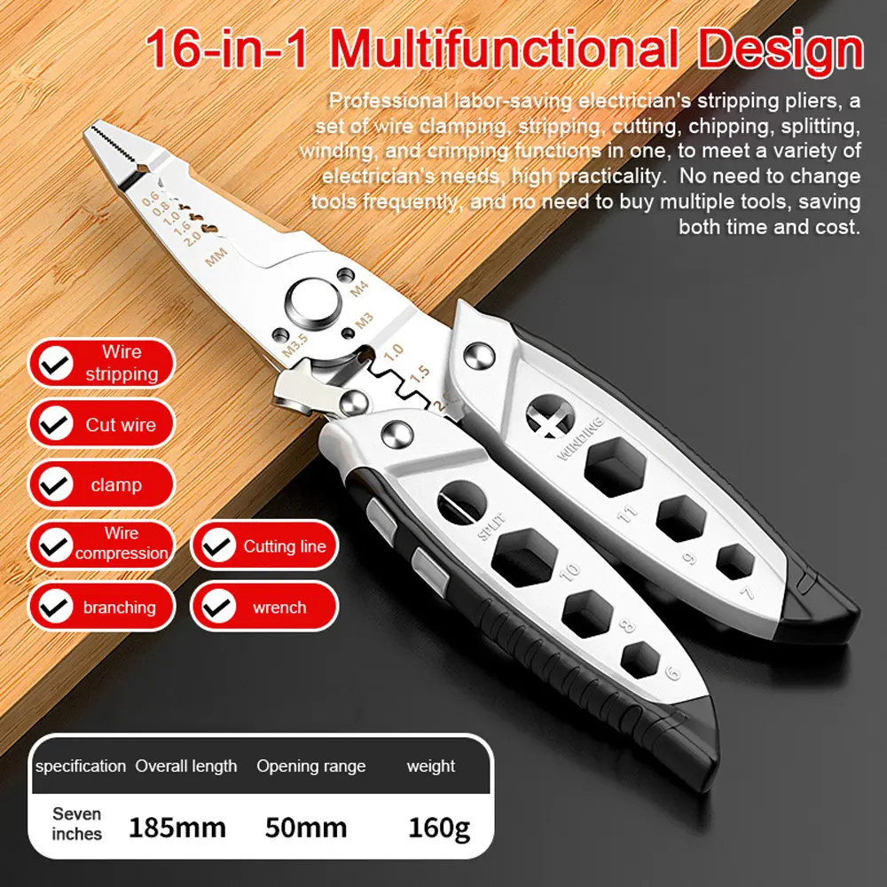 16in1 Multifunctional Wire Stripper Professional Wire Stripping Tool Portable  Cable Cutter Electrician Crimping Pliers with Metal Locking Buckle for Home Appliance Maintenance   scissors
