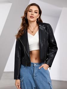 Women's Solid Pocket Zip Up PU Leather Jacket, Casual Long Sleeve Collared Outerwear for Fall & Winter, Ladies Clothes for Daily Wear