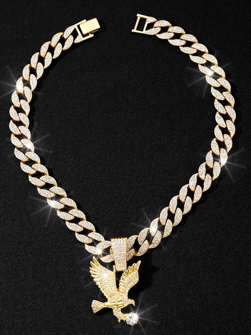 Product Introduction of Rhinestone Eagle Decor Pendant Necklace for Women & Men, Fashion Cuban Link Chain Jewelry for Party, Daily Clothing Decor, Classic Punk Accessories for Daily Wear 14