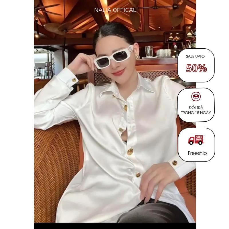 NALIA  - Áo Laura sơ mi lụa vân cao cấp 2 màu den trắng phối 12 cúc to nhỏ, form rộng giấu quần, có đệm cầu vai Nữ Women sản phẩm Top