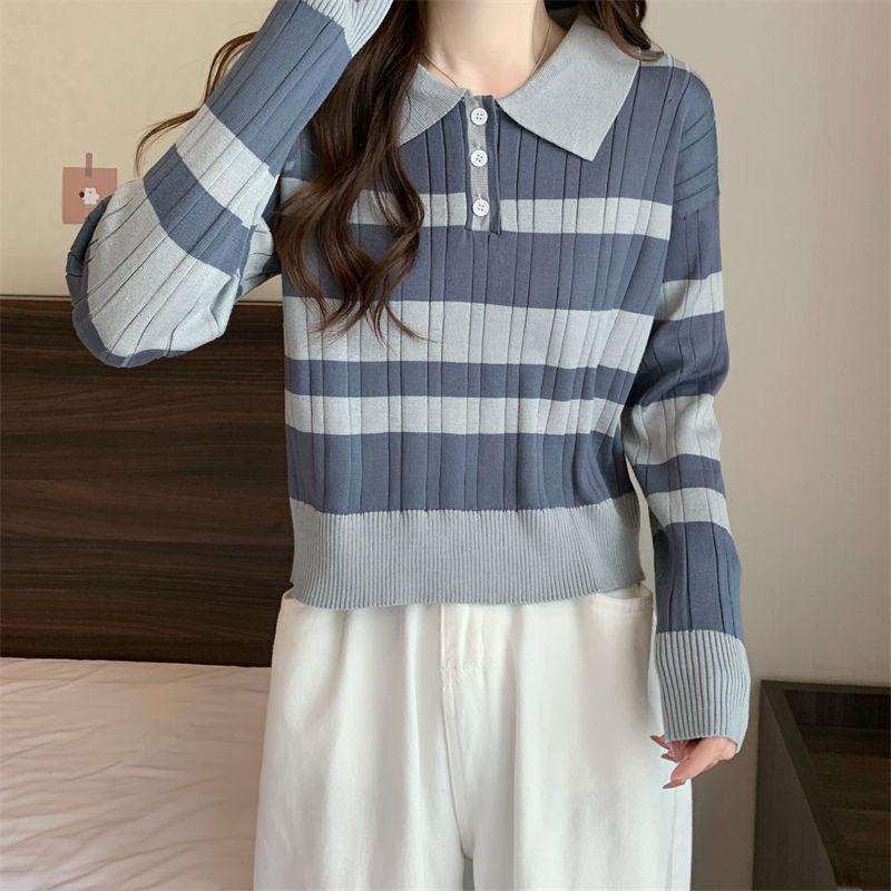 Product Introduction of Striped Polo Collar Knitwear for Women 2024 Spring and Autumn New Contrast Color Design Chic Slim Short Long Sleeve Top Womenswear Lingerie Comfort Knitting Collared 1