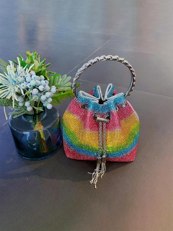 Women's Rhinestone Decorated Evening Bag with Round Top Handle, Elegant Shiny Tassel Chain Drawstring Design Shoulder Bag for Party, All-match Commuter Bag for Work & Daily Used, Valentine's Day Gift for Girl, Ladies Purse 3