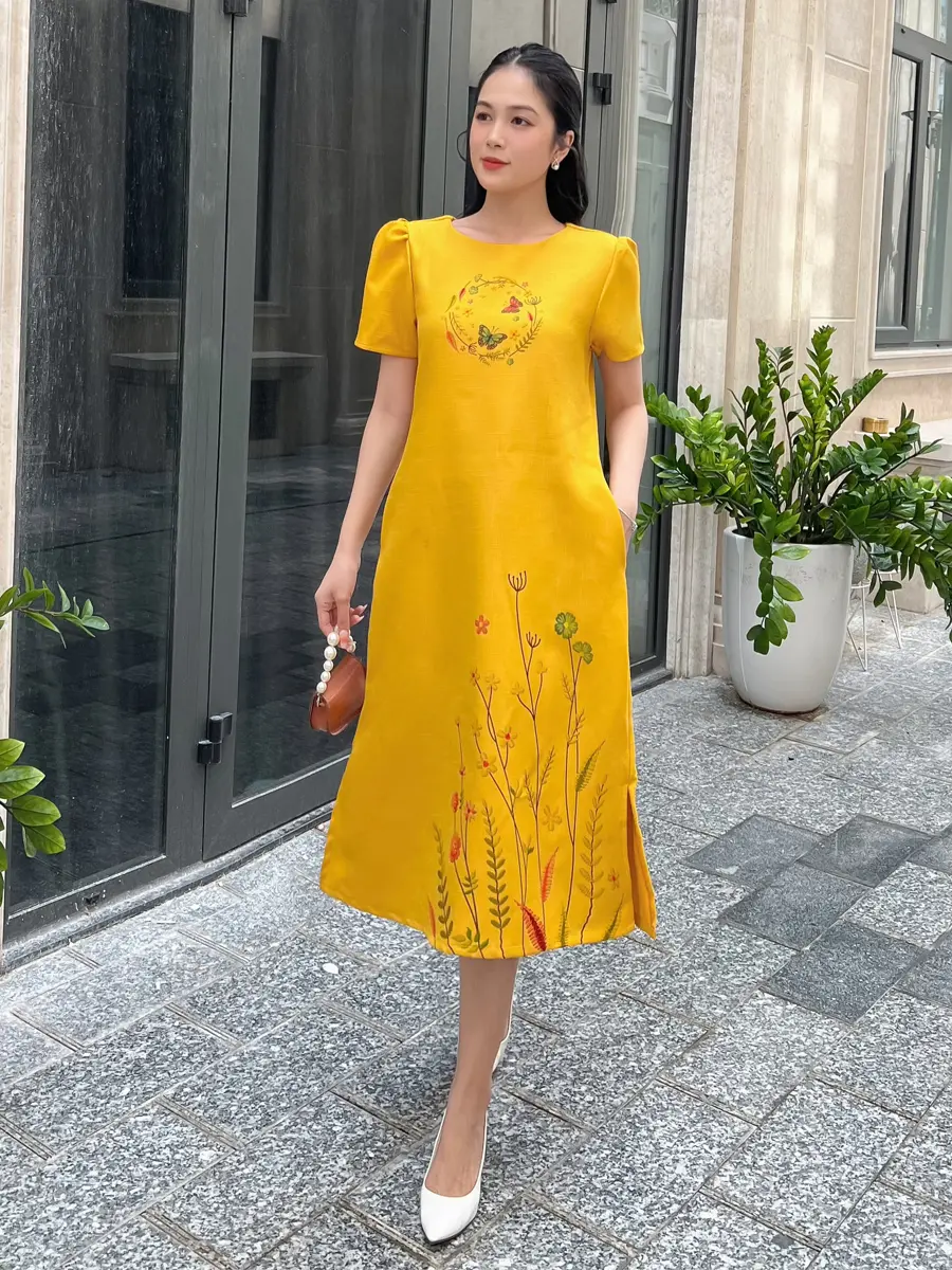 Phong cách LADY- DA120 Đầm suôn chữ A phối họa tiết in giả thêu thanh lịch
