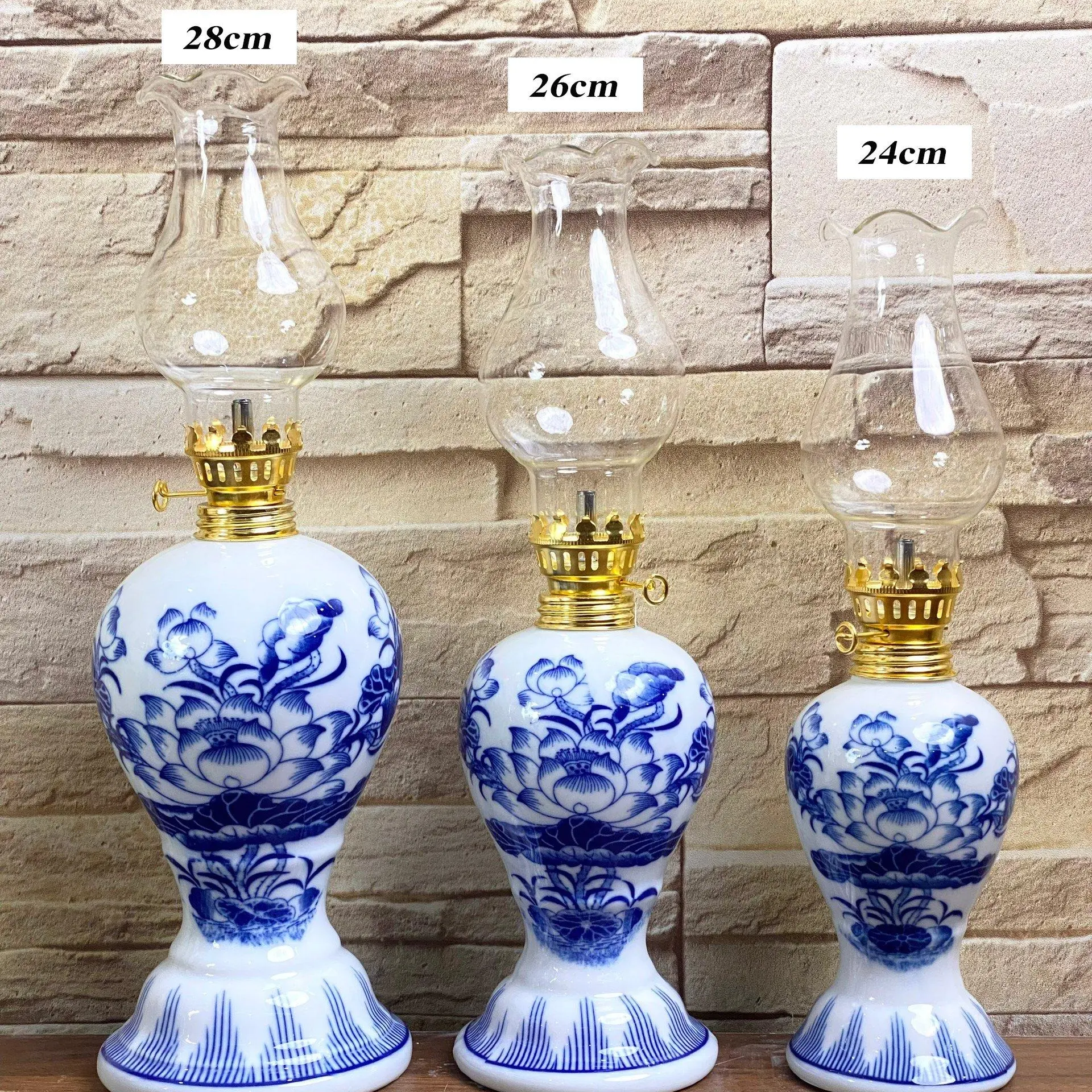 D21-22-23 - Đèn dầu gốm chân váy Hoa Sen (3 kích thước)