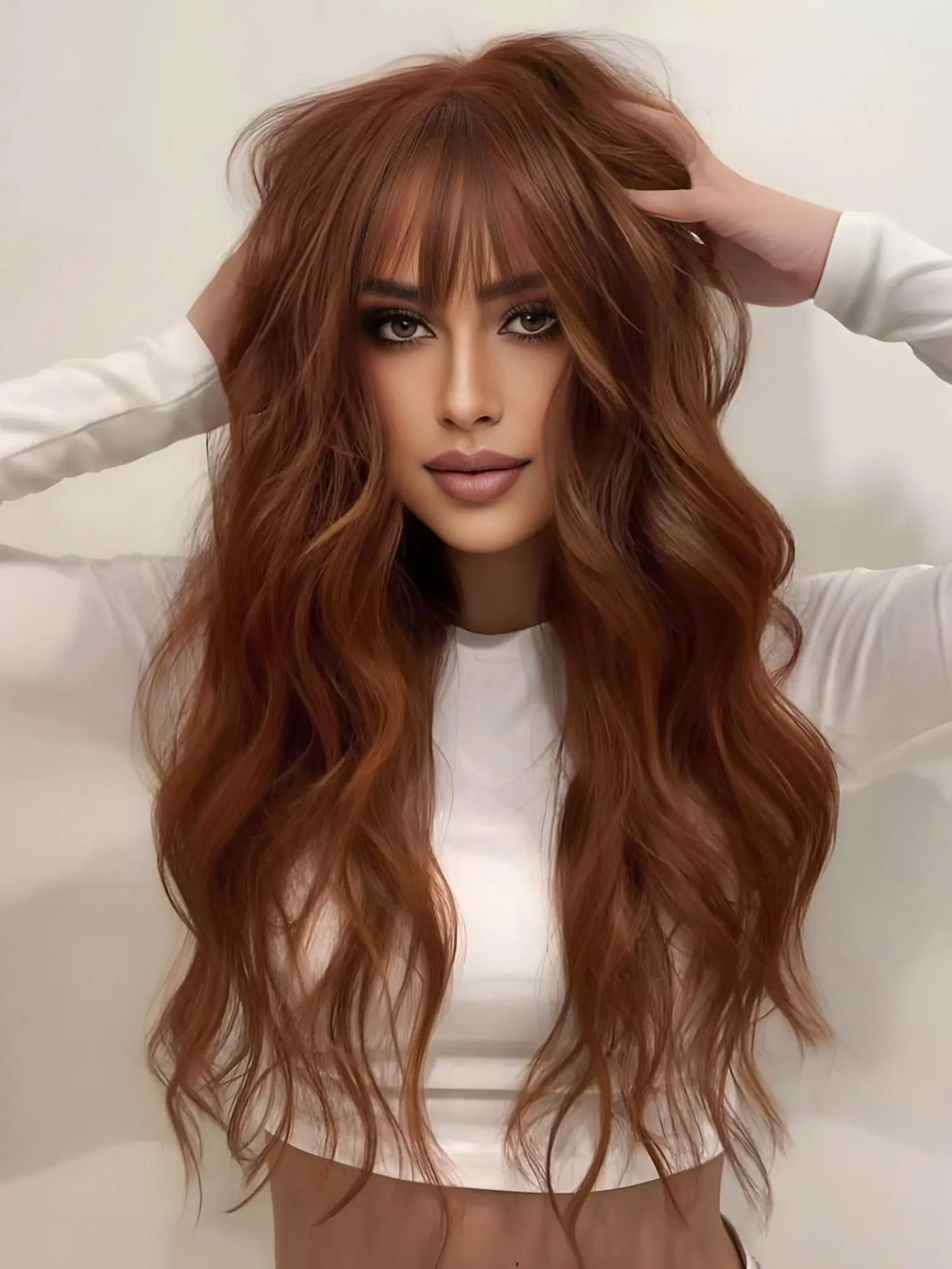 26 Inch Long Body Wavy Brown Wigs for Women, Natural Looking Gorgeous Fluffy Wigs with Blunt Bangs, Synthetic Full Machine Wigs for Party, Daily Use