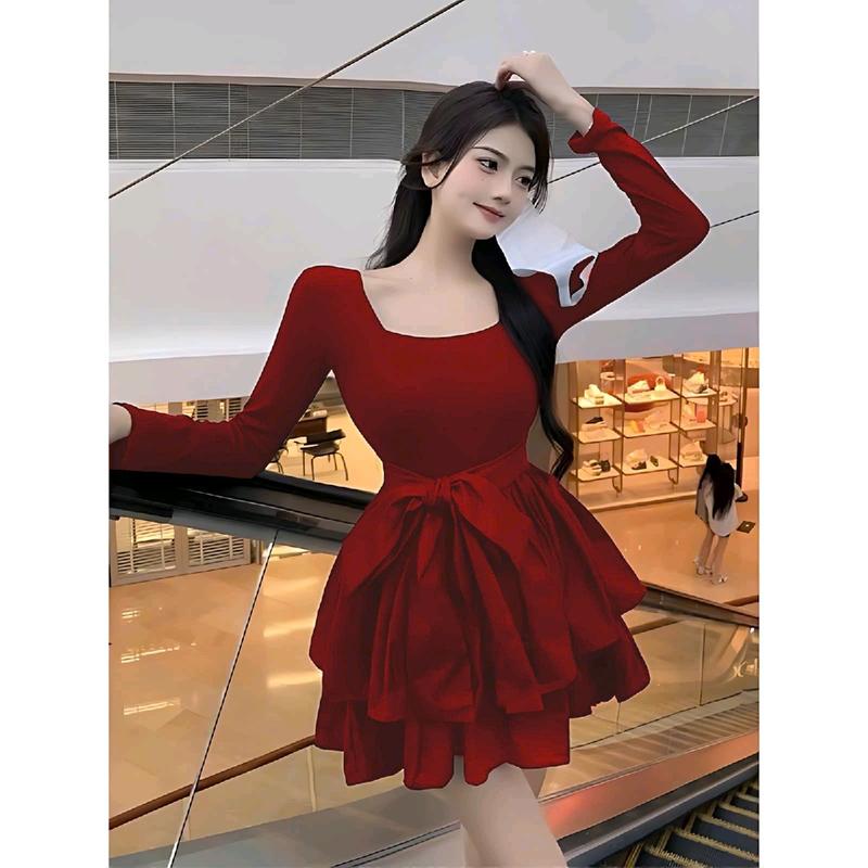 Đầm Váy Xòe Công Chúa Baby Doll Tiểu Thư Cổ Vuông Đen Tay Dài Bigsize 50-90kg Nữ Top Dress Dress Voan set đồ noel đỏ tết mặc