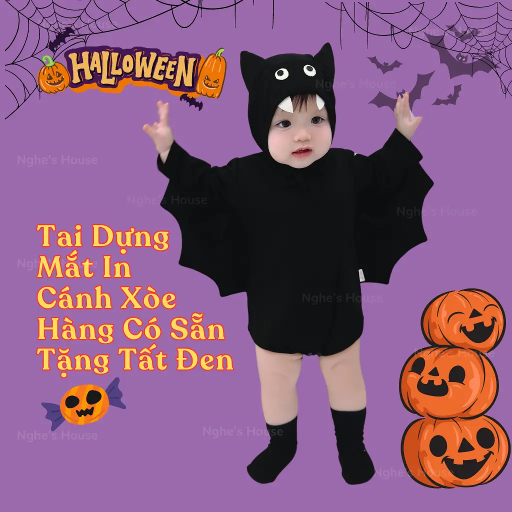 Body Cánh Dơi Halloween Kèm Mũ Dơi Có Tai Dựng Chất Thun Co Giãn 4 Chiều Dành Cho Bé Trai Bé Gái NghesHouse