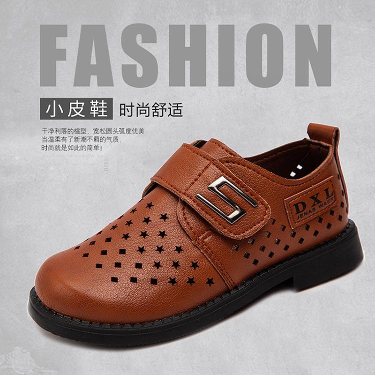 Product Introduction of Spring and Autumn New Black Breathable Casual British Leather Shoes Hollow Velcro Hole Student Soft Bottom Lazy Boy's Shoes 19