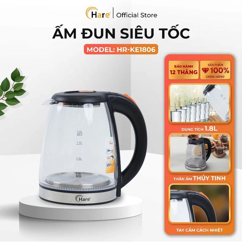 Ấm siêu tốc thủy tinh chịu nhiệt HR-KE1806 (1.8L), công suất 1500W, đun sôi nhanh trong 5 phút - thương hiệu Hare - bảo hành 12 tháng 1