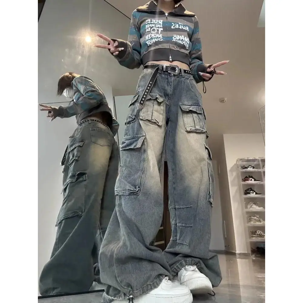 [6507 People Collection] American High Street Design Sense Multi-Pocket Workwear Jeans Women's Autumn Winter Retro High Waist Loose Slim Wide Leg Pants Fashion