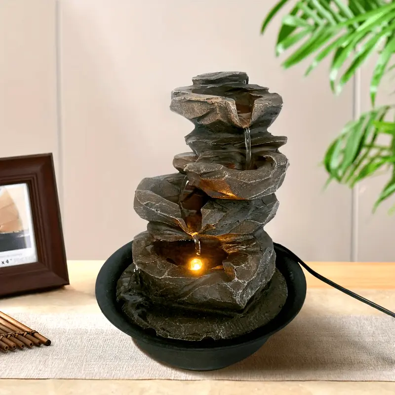 water fountain 2 1pc Resin Zen Meditation Tabletop Fountain with USB Powered LED Light, Waterfall Desk Fountain for Feng Shui Indoor Home and Office Decor