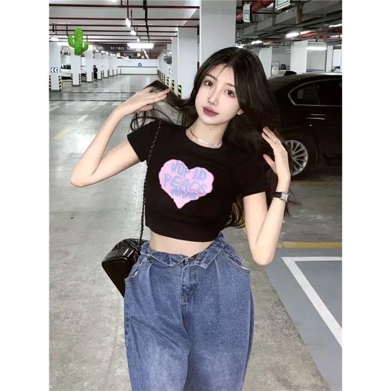 Áo thun Croptop cổ tròn in hình trái tim, chất thun borip dày đẹp 0