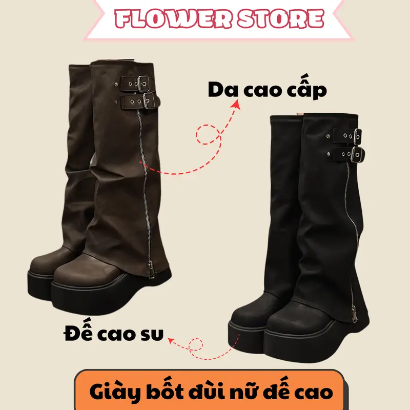 [ MUA 1 TẶNG 1 ]  Giày Bốt Đùi Nữ Đế Cao Ống Rộng Khóa Kim Loại Cao Cấp Cá Tính B07 - Boot, Shoes - Tặng 1d tất thêu hình ngẫu nhiên 5
