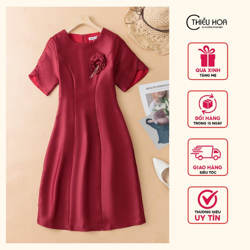 Đầm Lụa Nữ Trung Niên Thanh Lịch, Trang Nhã thương hiệu Thiều Hoa DN3D0203 Women Dress Đỏ